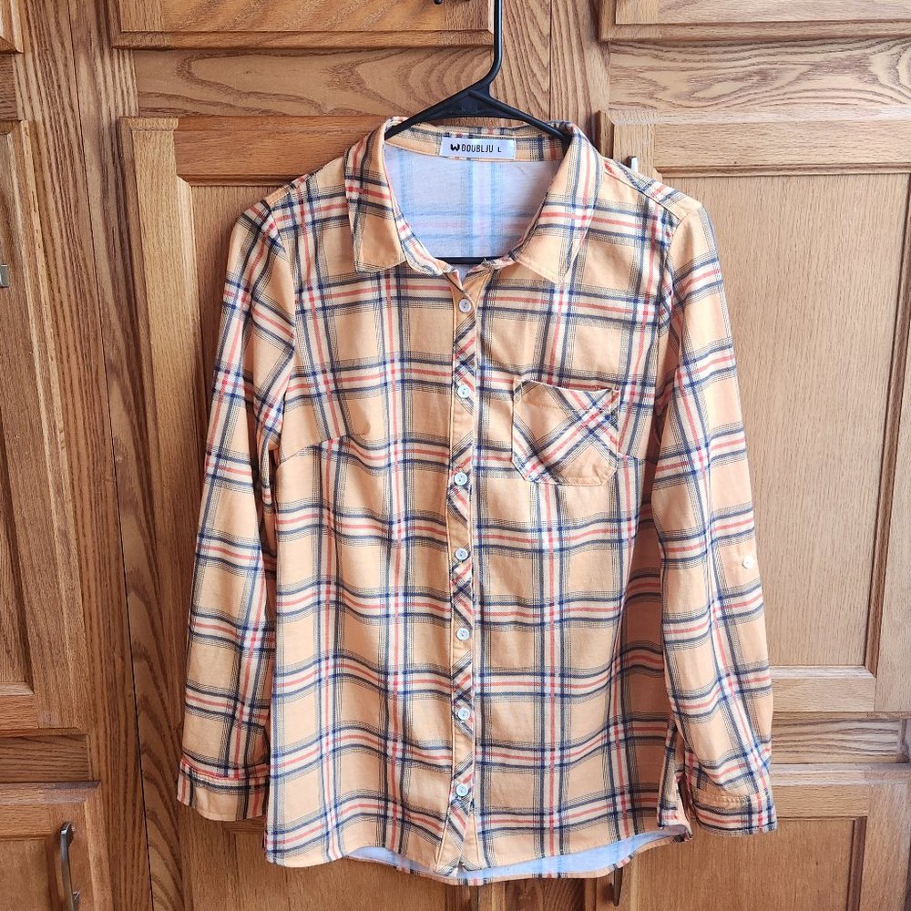 Doublju Junior's Yellow Plaid Shirt Size Large